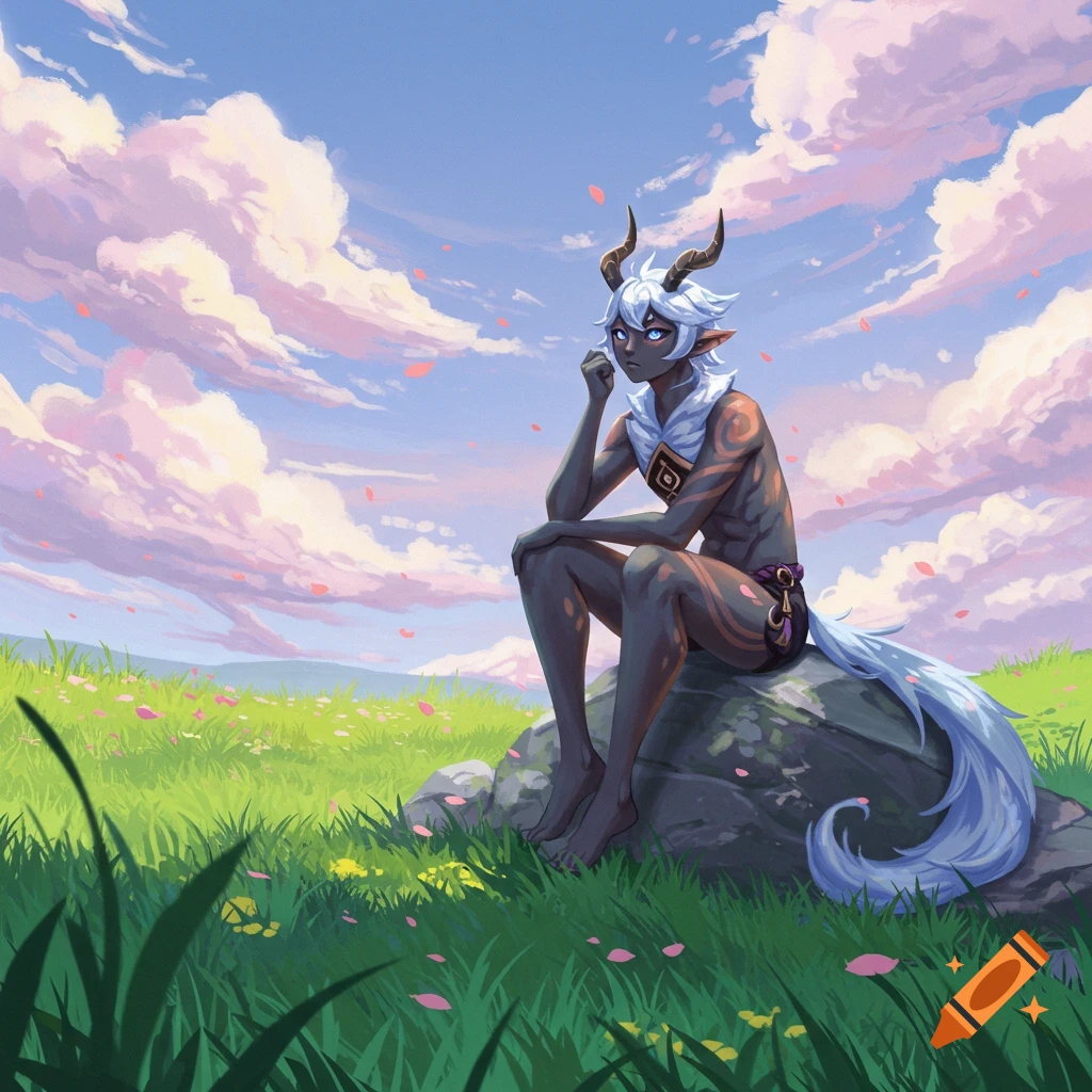 Anime illustration of a dark-skinned, white-haired horned fantasy character with a tail, sitting on a rock in a field under a cloudy sky.