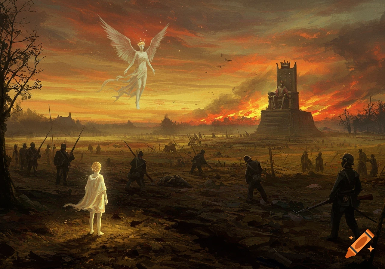 An impressionistic battlefield at dusk with a winged angel, a child, soldiers, and a king on a throne against a fiery sky.