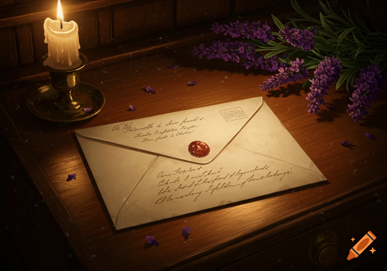 A lit candle and a bouquet of lavender next to an old letter with a wax seal on a wooden desk.