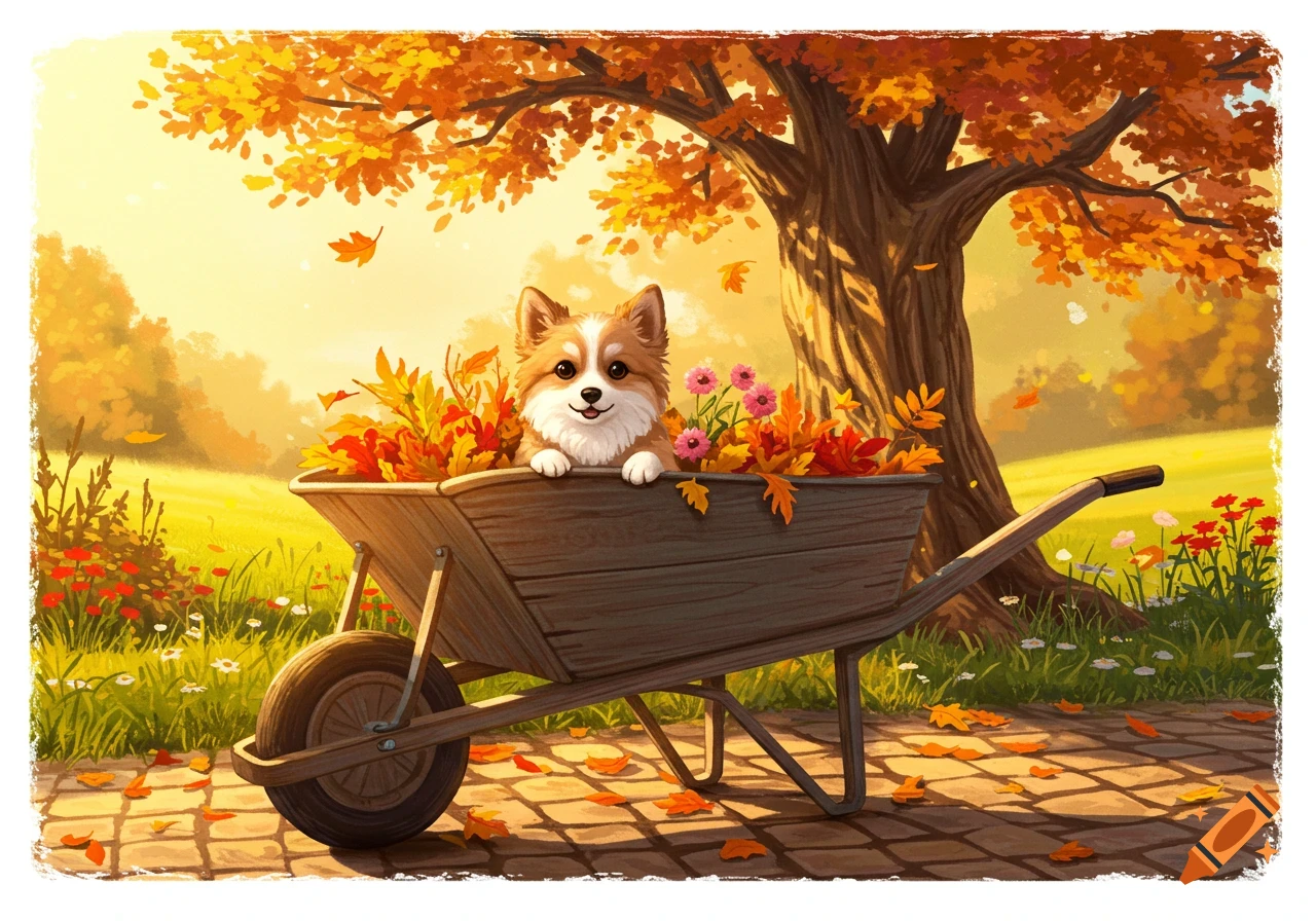 Cute cartoon corgi puppy peeking from a wooden wheelbarrow filled with autumn leaves under a golden-leafed tree.