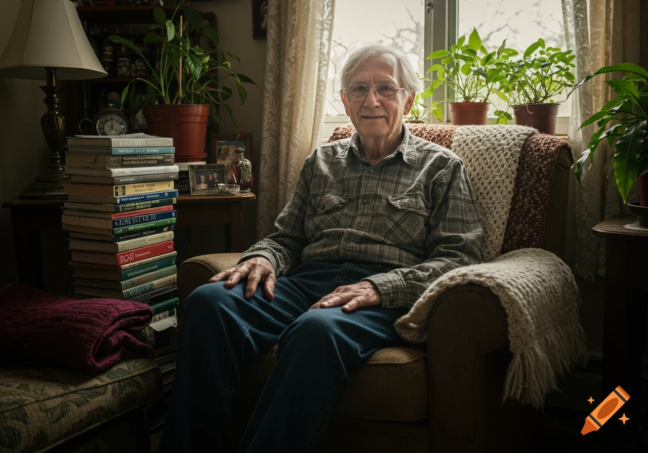 A smiling elder with glasses sits in an armchair in a cozy living room, surrounded by books and houseplants. Photorealistic style.