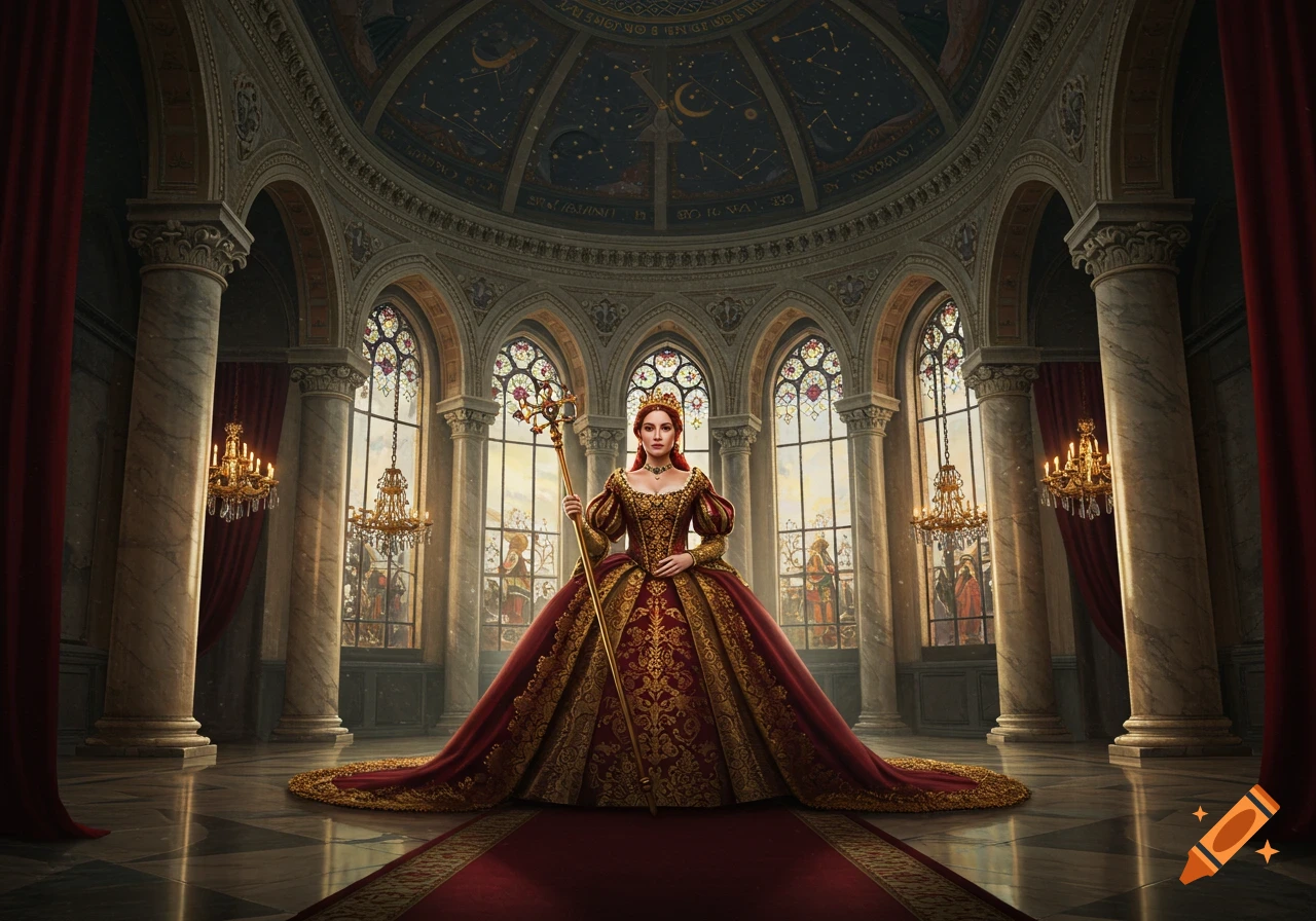 A regal queen in a golden and red gown holds a scepter in a grand marble throne room with stained glass windows and a celestial dome.