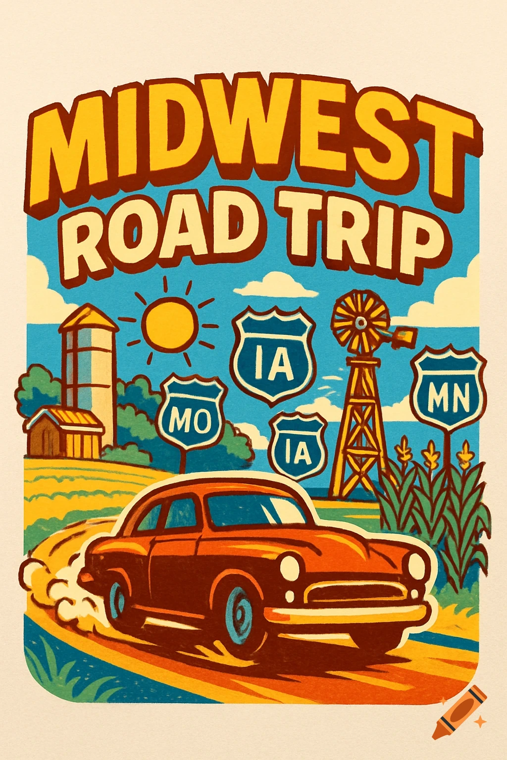 Vintage style illustration for a Midwest Road Trip, with a car driving past farmland, a barn, silo, windmill, and state signs.