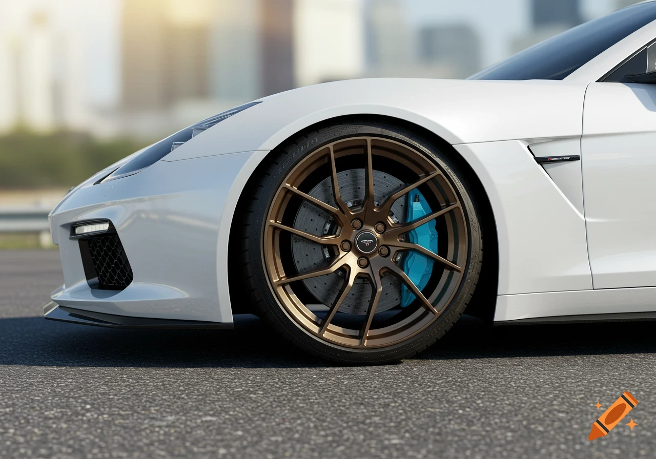 Close-up of a white sports car with matte bronze wheels and light blue brake calipers, photorealistic.