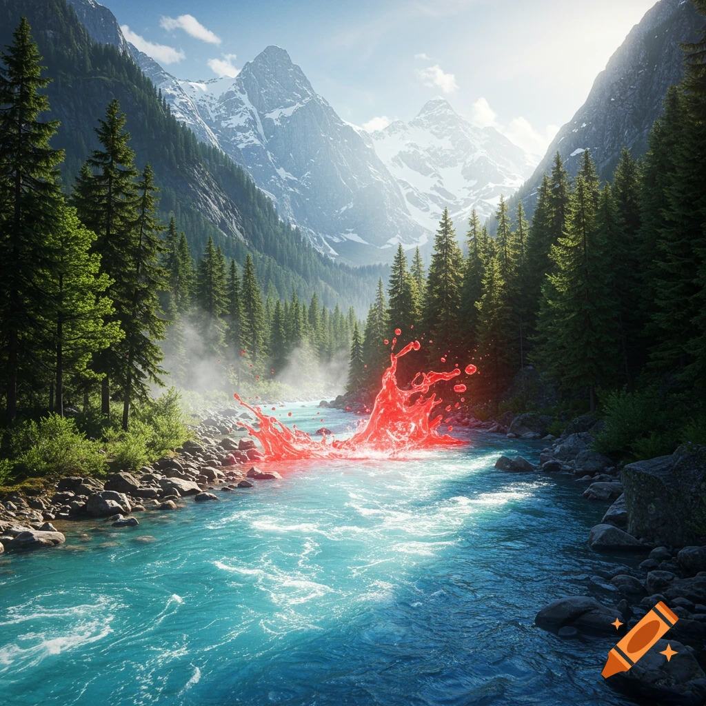 Vibrant red liquid splashes dramatically in a clear blue mountain river, flanked by green forests and snow-capped peaks under a bright sky.