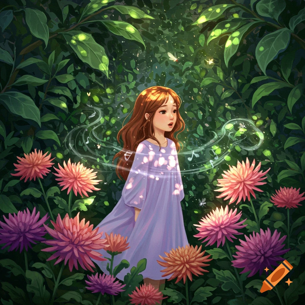 Whimsical illustration of a girl with long hair, singing in a vibrant forest surrounded by large flowers and glowing musical notes.