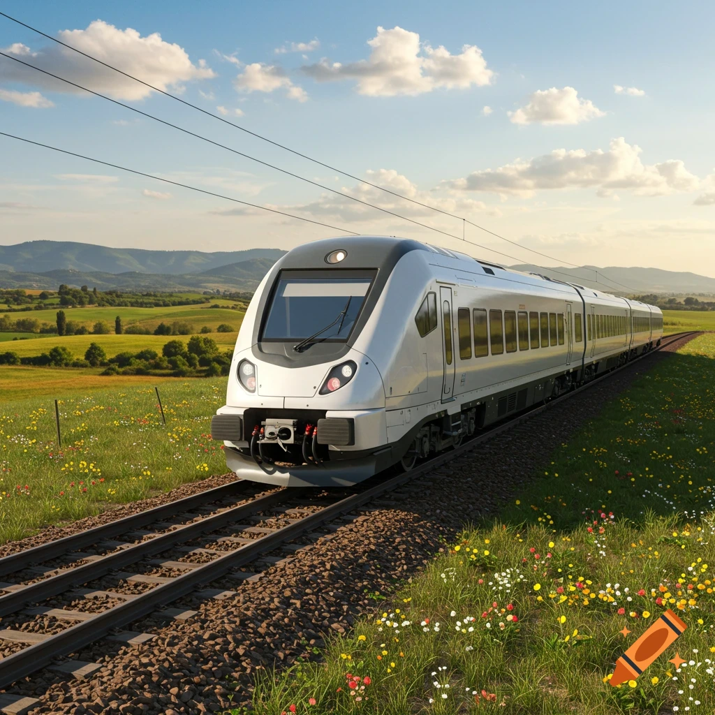 A modern white and grey train travels on a track through a vibrant green field with colorful wildflowers under a blue sky.