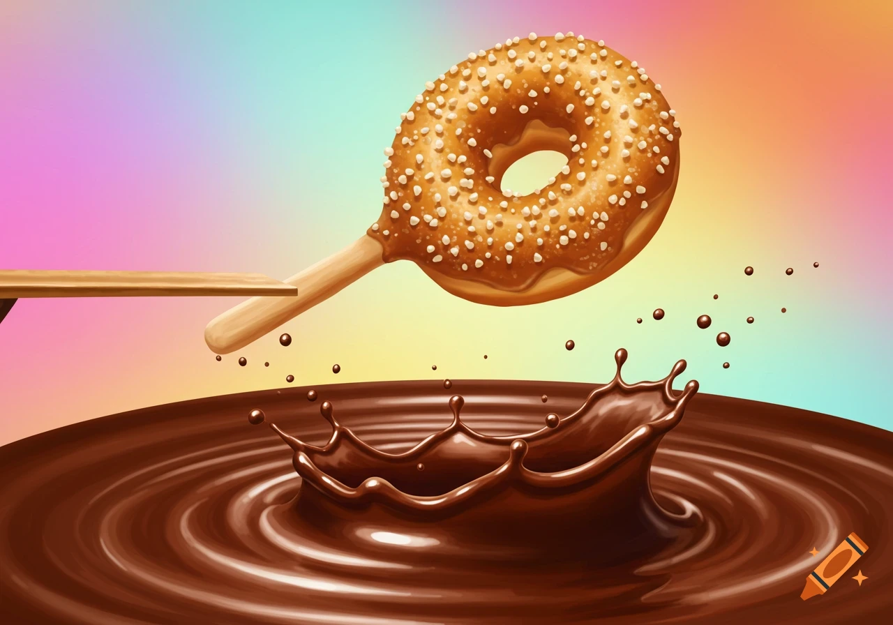 Stylized illustration of a large donut on a stick diving into chocolate sauce from a wooden board, with a colorful gradient background.