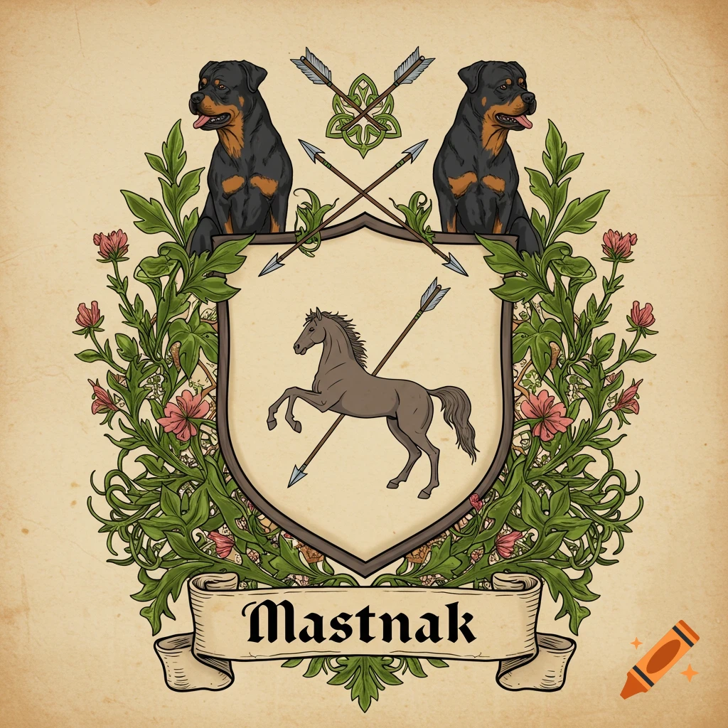 Illustrated medieval family crest with two Rottweilers, a rearing horse, crossed arrows, floral border, and the name Mastnak.