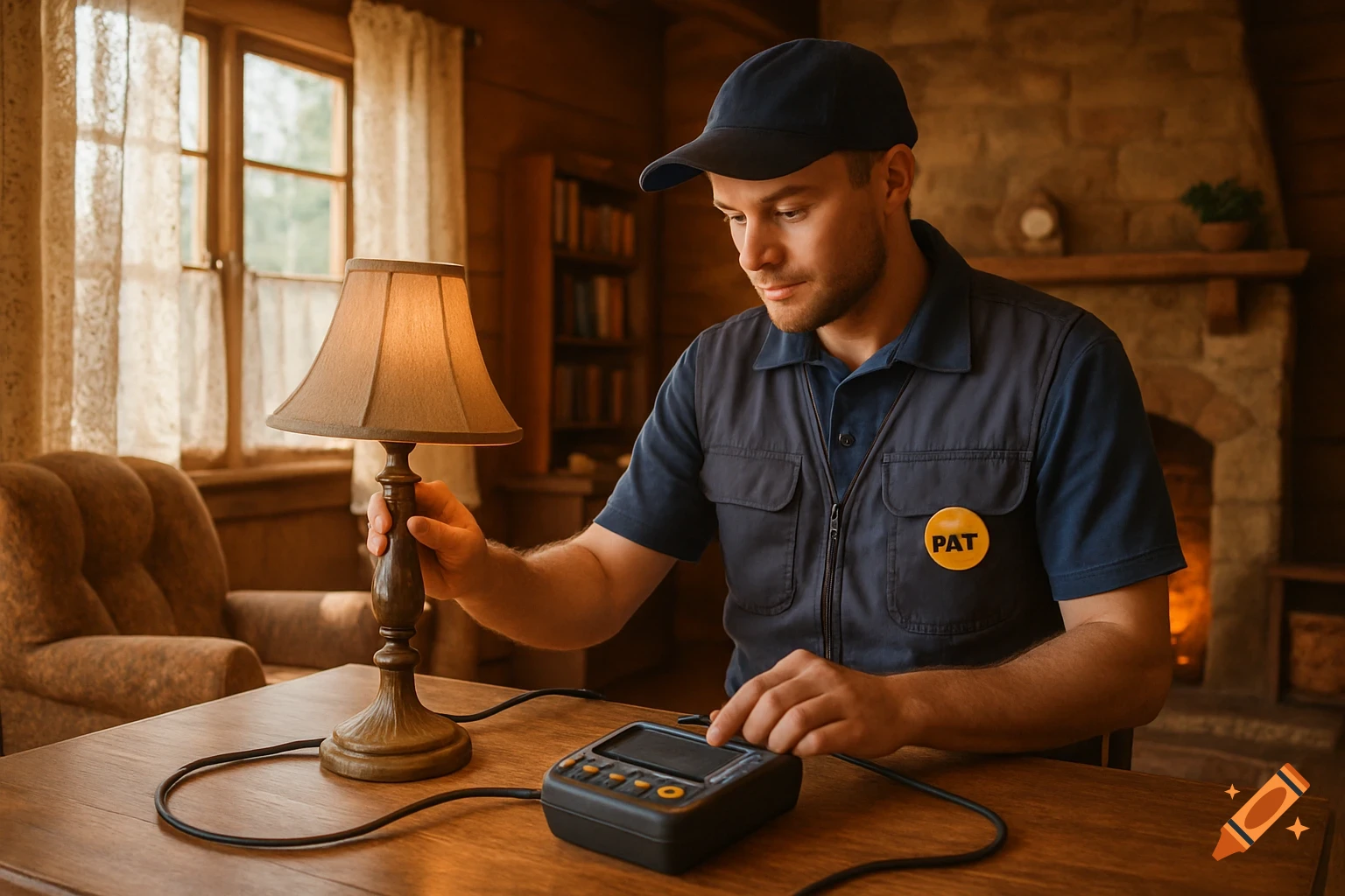 Photorealistic image of a man in uniform with a PAT badge, testing a table lamp with an electrical device indoors.