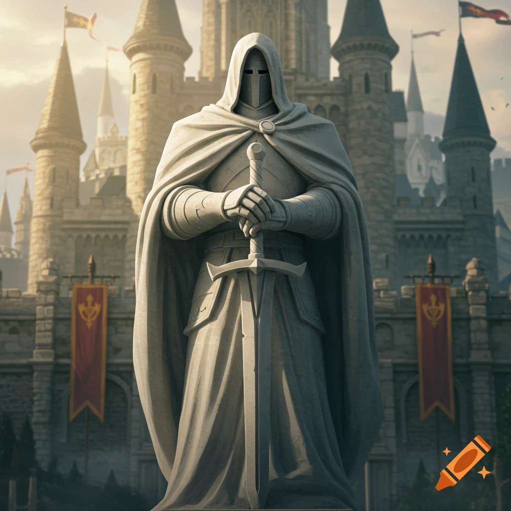 A tall, white stone knight statue holding a sword with both hands, cloaked and hooded, standing before a fantasy castle.