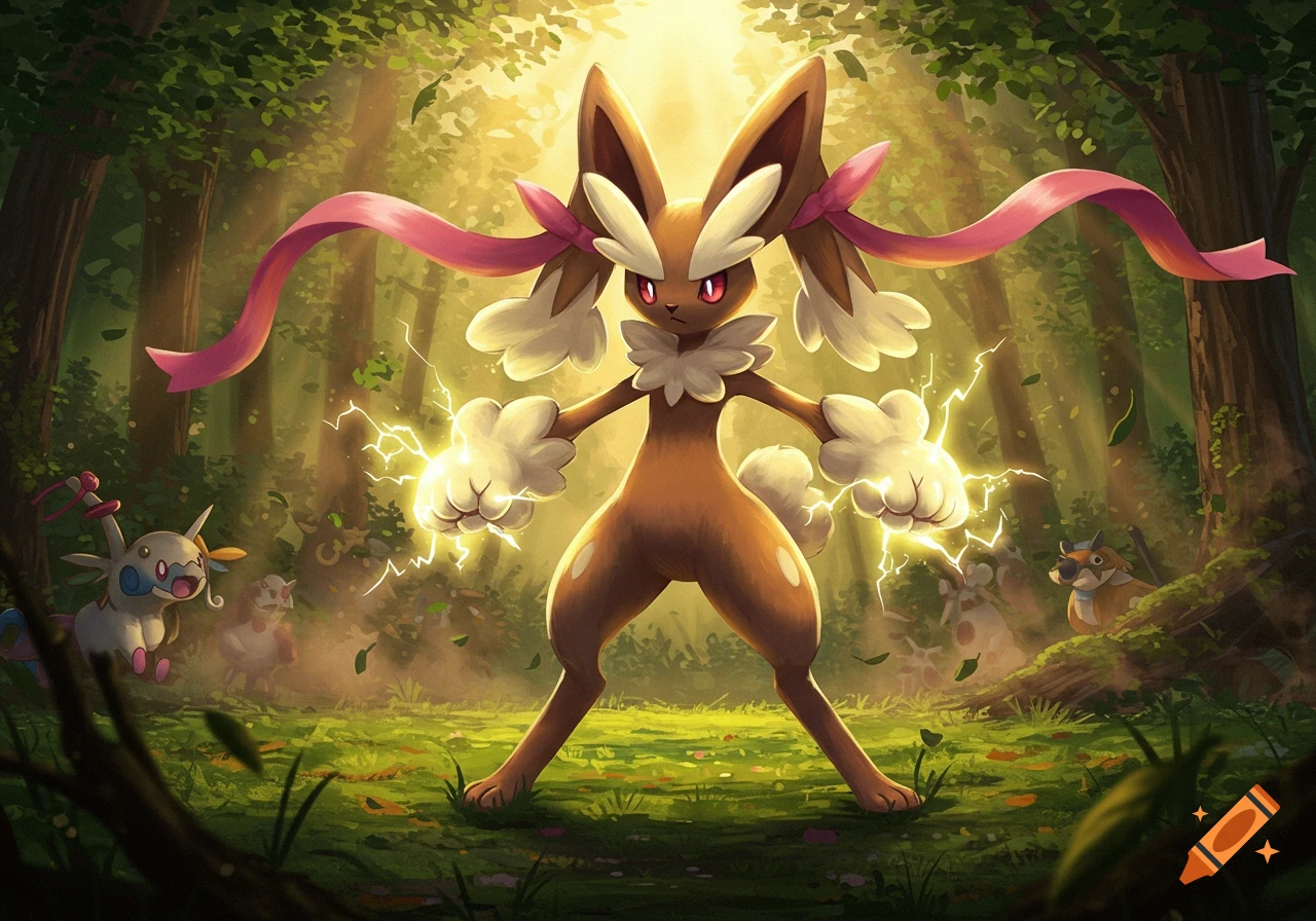 A powerful Mega Lopunny Pokémon stands in a sunlit forest, generating electricity from its fists. Other Pokémon are visible in the lush background.