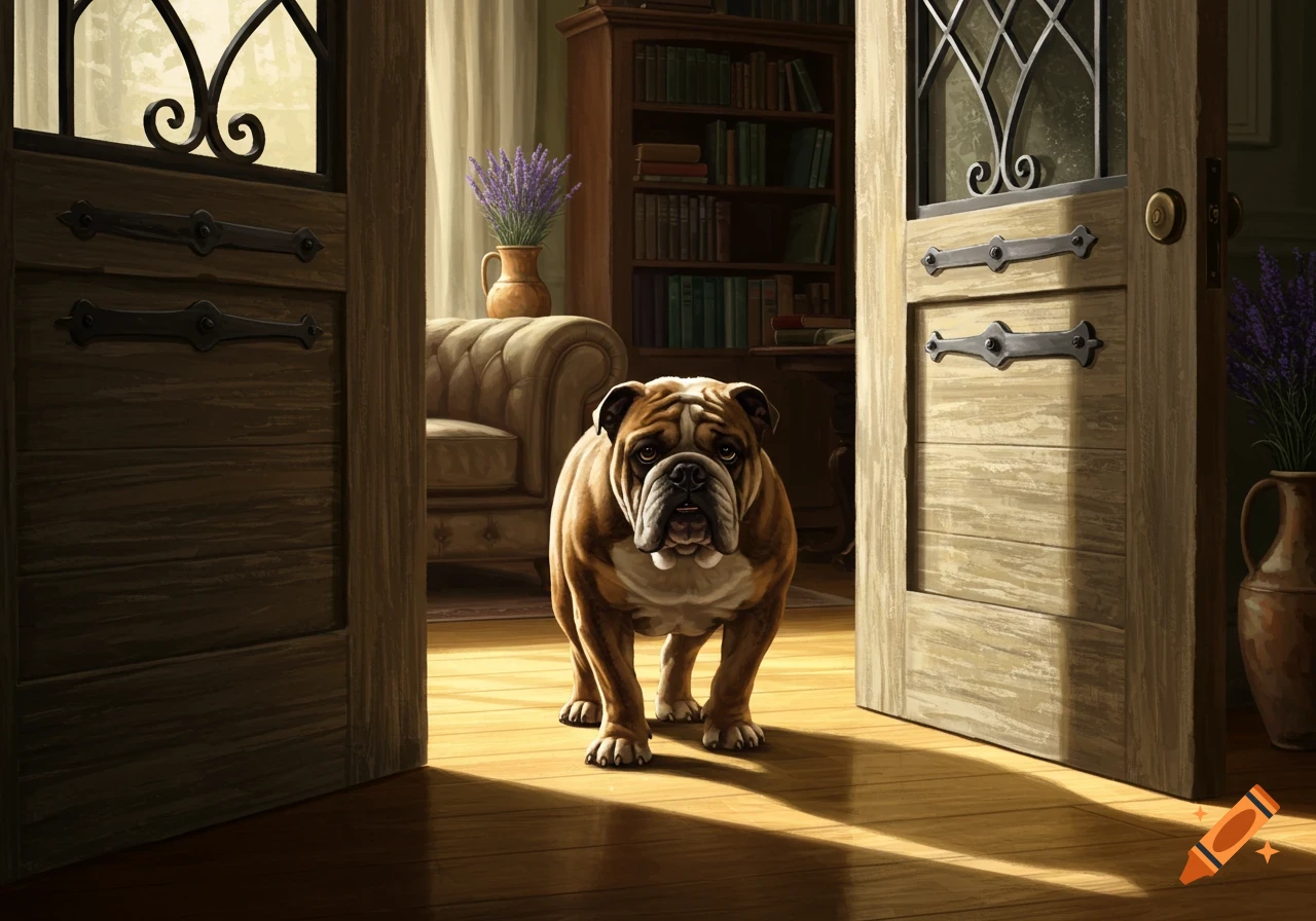 A brown and white bulldog stands in a sunlit doorway of a room with a bookcase and couch.