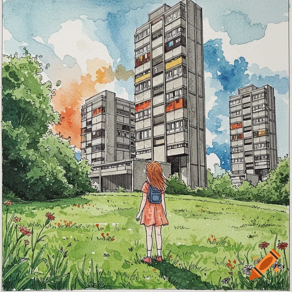 A watercolor and fine liner illustration of a girl with a backpack looking up at large brutalist apartment buildings from a grassy hill.