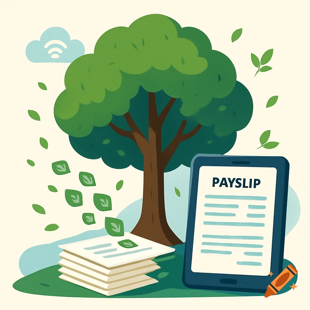 Cartoon illustration of a large green tree, leaves, a cloud with Wi-Fi, and a tablet displaying a 'PAYSLIP' document.