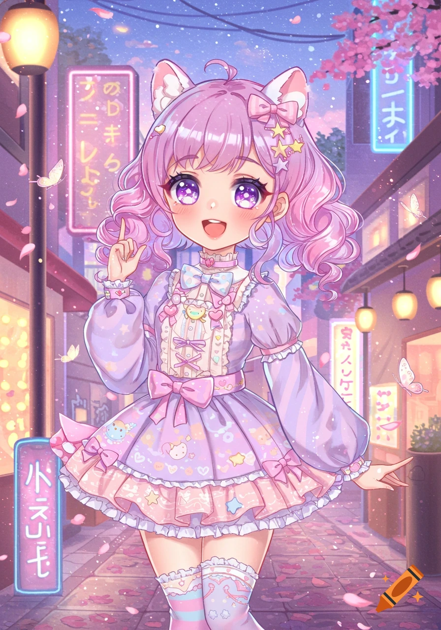 A cute anime girl with pink curly hair, cat ears, and a frilly lavender dress stands on a cherry blossom-filled street at dusk.