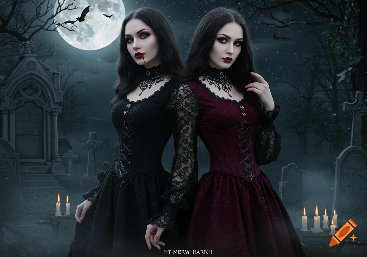 Two gothic women in black and maroon lace dresses stand in a moonlit graveyard with bats and gravestones.