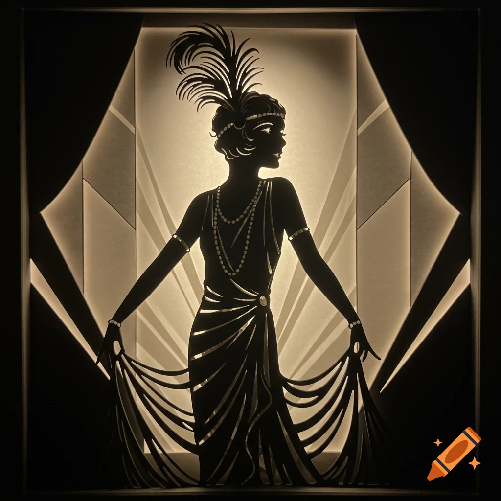 A black silhouette of a flapper woman with a feathered headband and pearls, holding her dress, against a glowing Art Deco geometric background.
