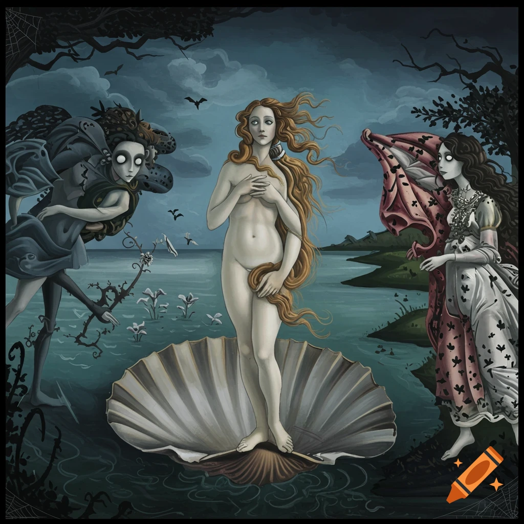 A pale nude woman with long red hair stands on a shell, flanked by two gothic figures, one skeletal, against a dark, cloudy seascape, in Tim Burton's style.