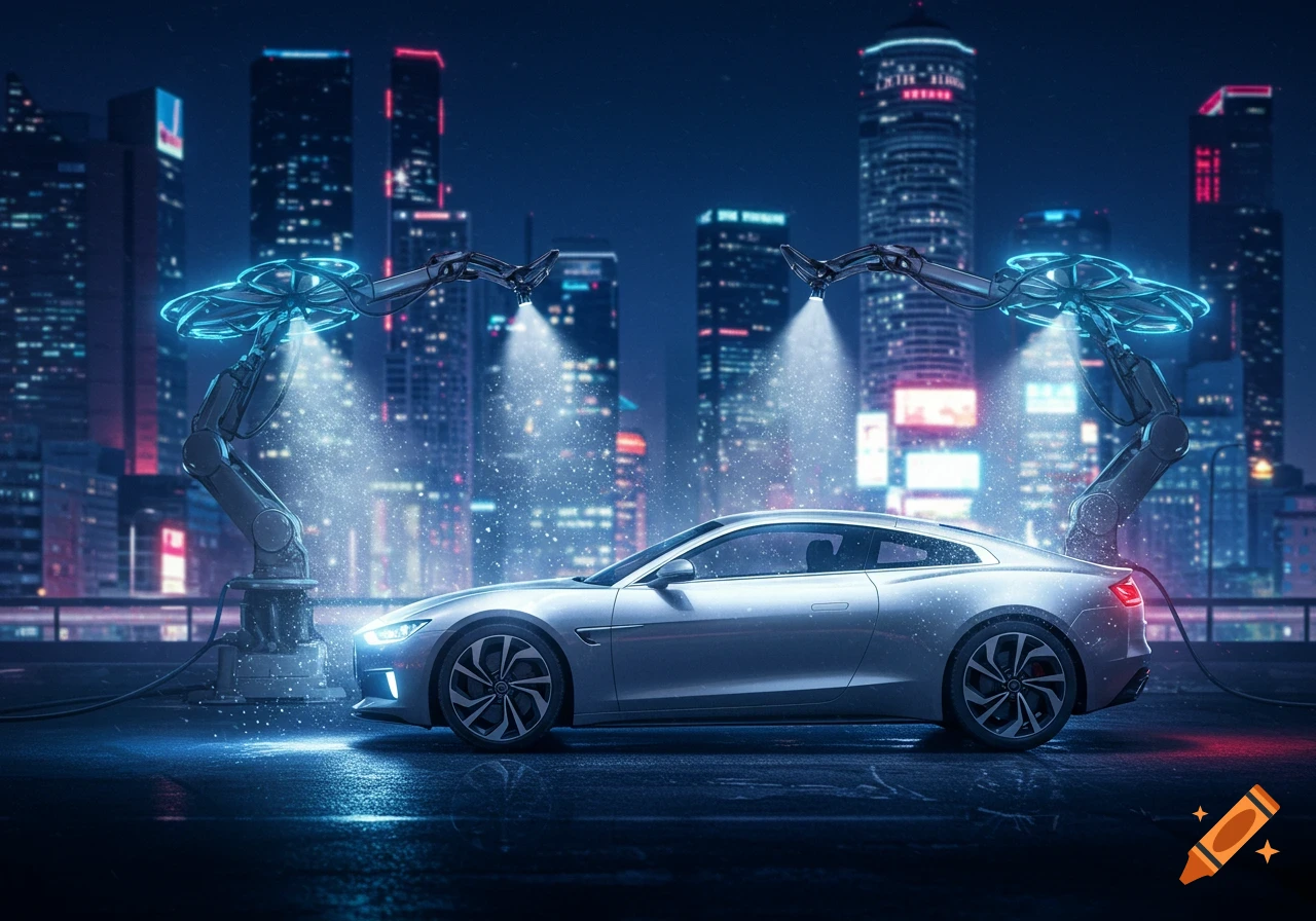 Silver sports car being cleaned by glowing blue robotic arms in a futuristic city at night, photorealistic style.