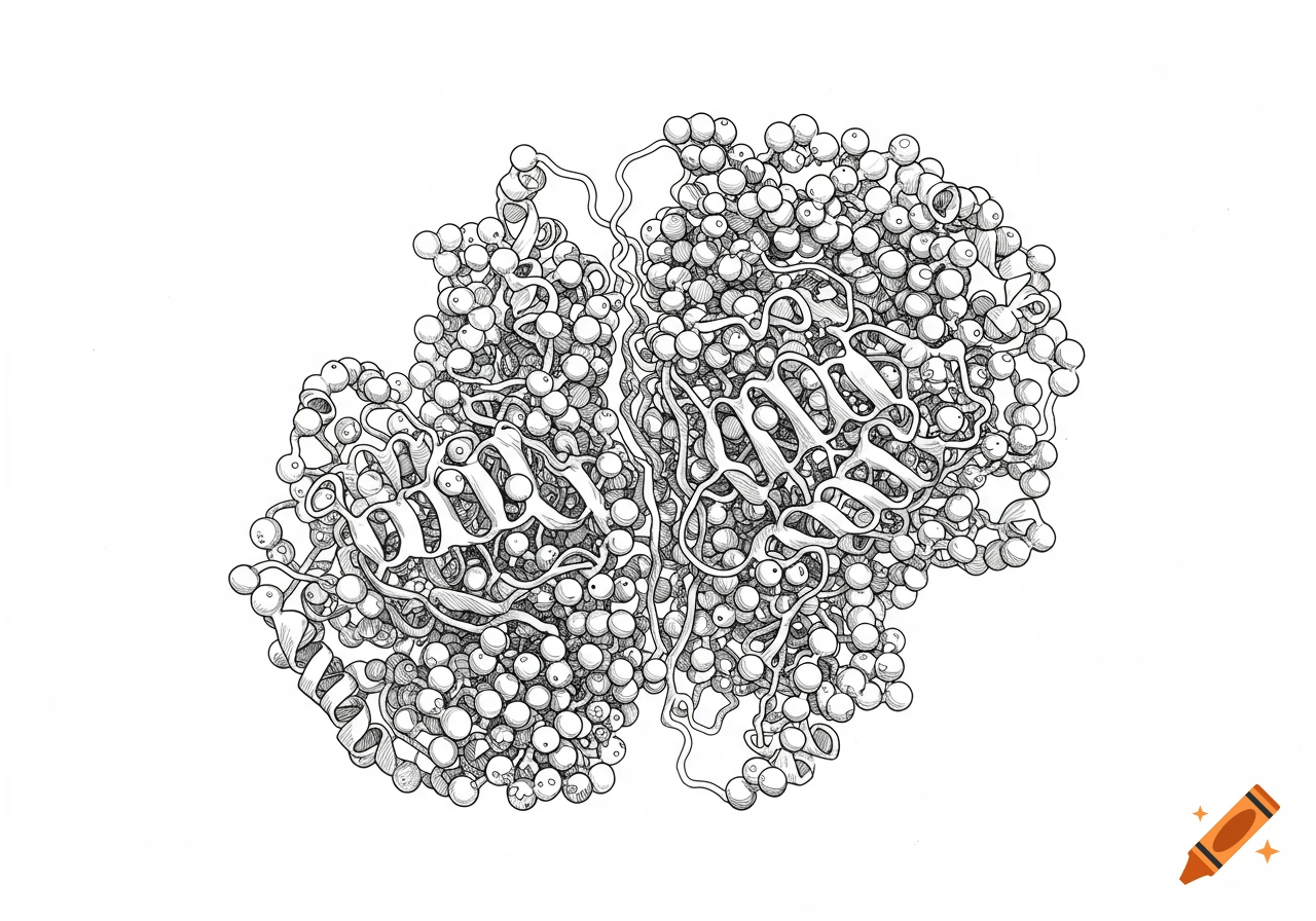Detailed line drawing of a complex ribosome molecular structure on a white background.