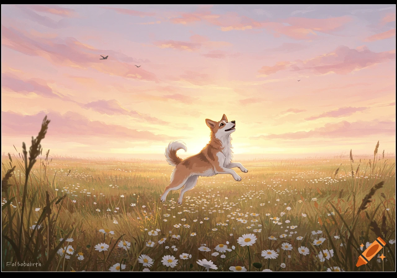 An illustrated Shiba Inu-like dog joyfully leaps through a field of daisies under a pastel sunrise sky.