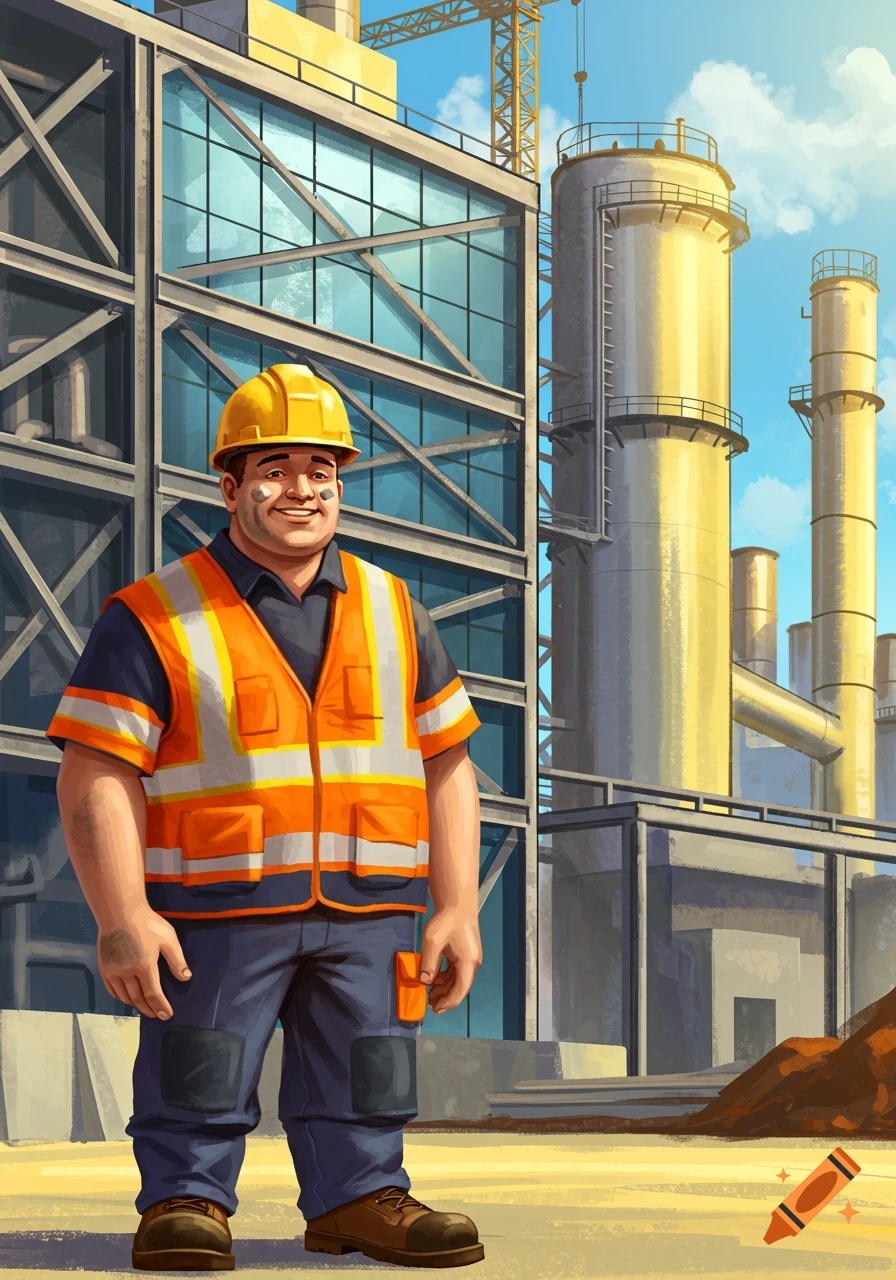 A happy construction worker in a hard hat and safety vest stands in front of a vibrant industrial building, illustrated.