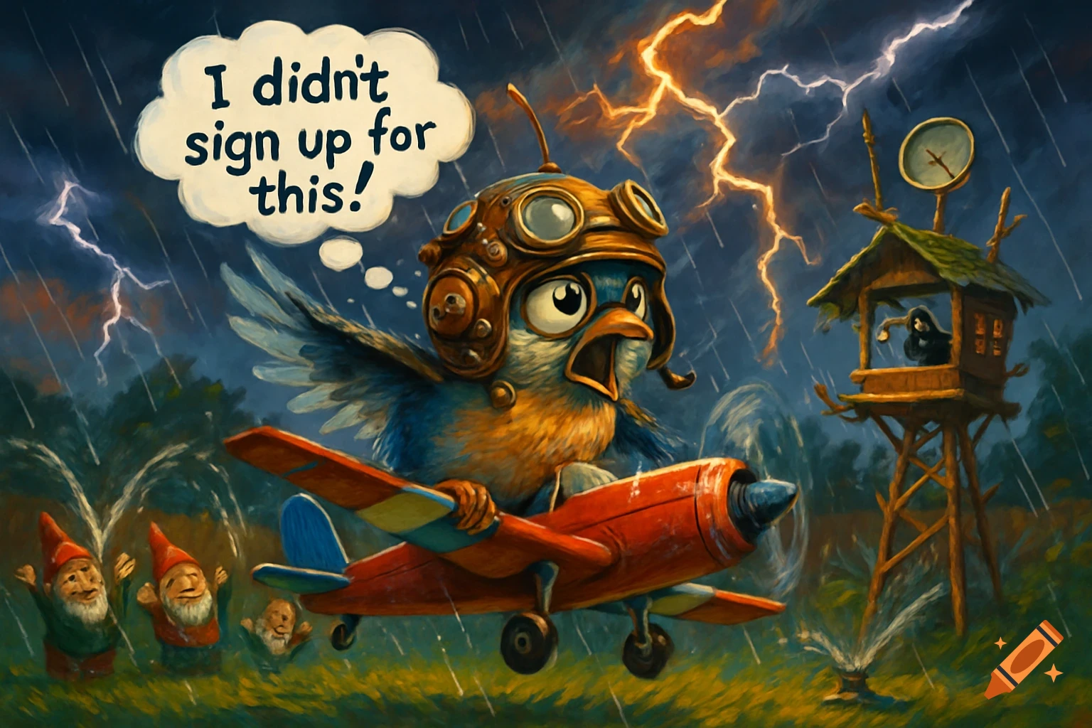A cartoon bird with a pilot helmet struggles to fly a red RC plane through a stormy backyard, with gnomes below.