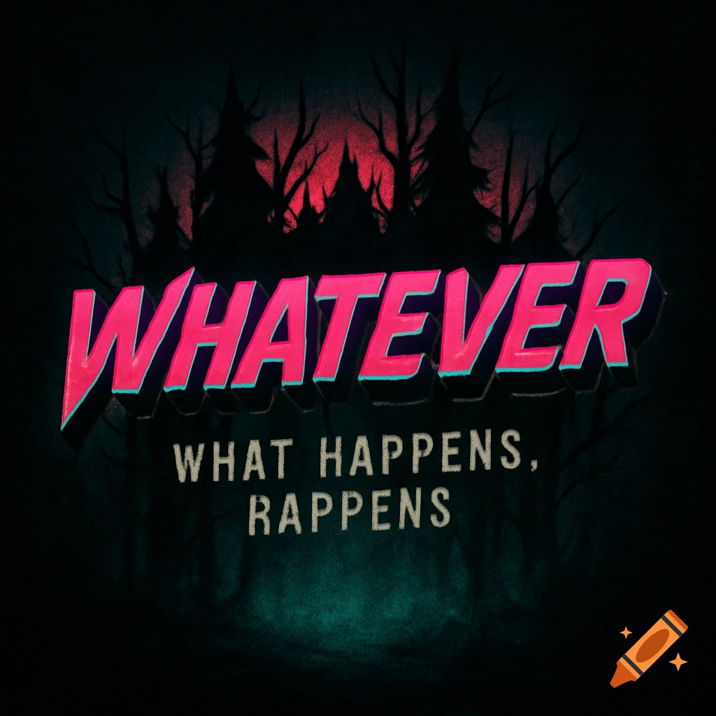 Stylized retro-horror logo with 'WHATEVER' in pink neon above 'WHAT HAPPENS, HAPPENS' on a dark, spooky forest background.