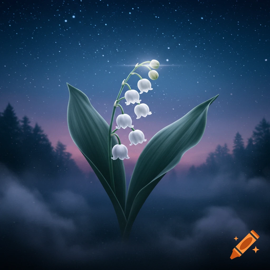 A luminous lily of the valley flower stands centered against a serene, star-filled blue and violet night sky with misty trees.