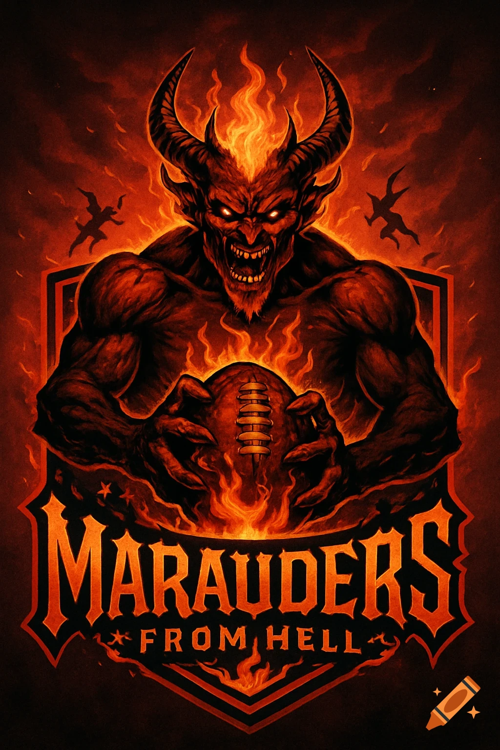 A fierce, fiery demon with glowing eyes and horns clutches a football, stylized with 'MARAUDERS FROM HELL' text.