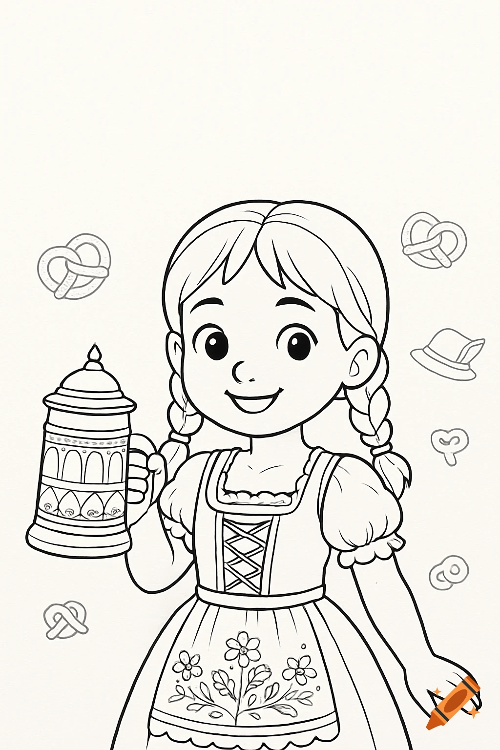 Cartoon girl in an Oktoberfest dirndl, holding a beer stein, with pretzels and a hat in the background, drawn as line art for a coloring book.