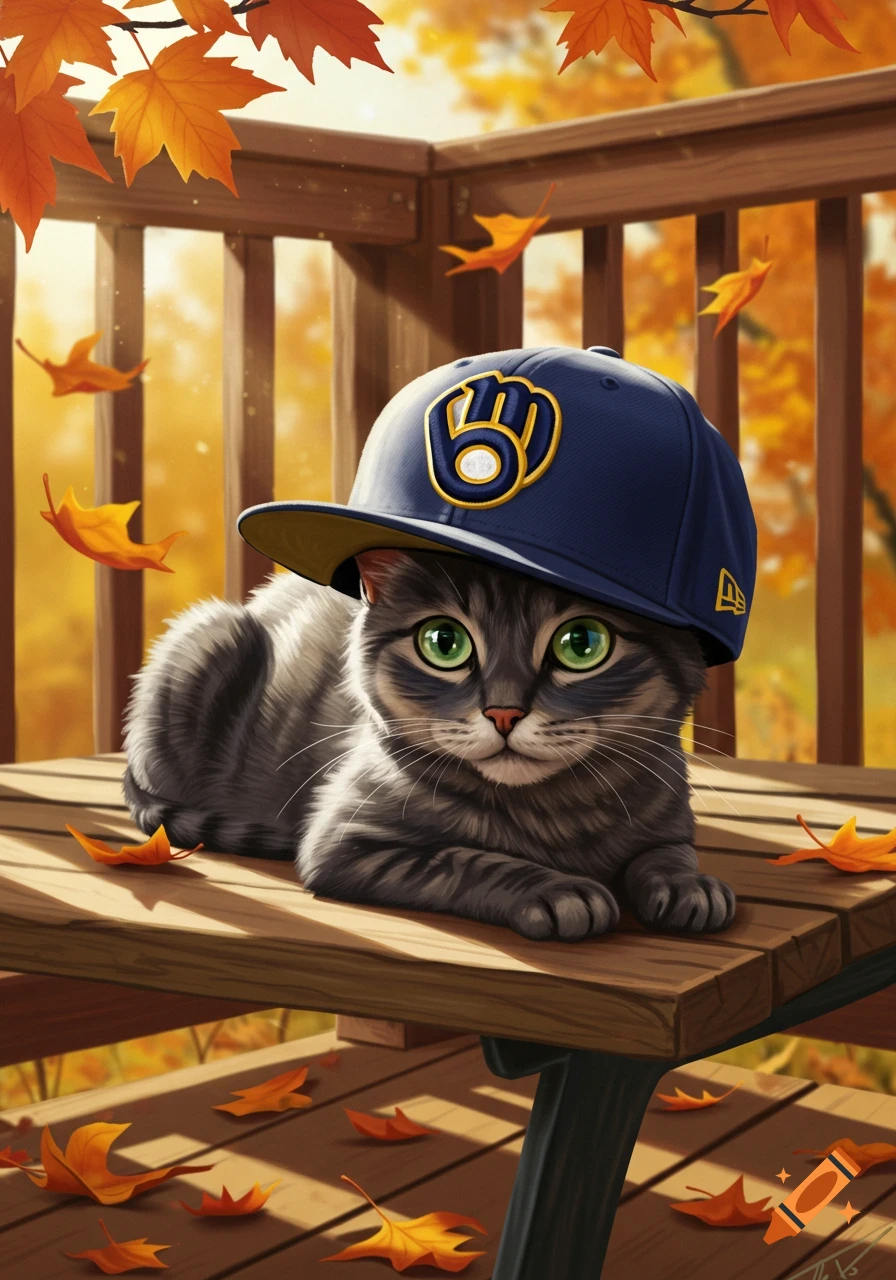 A grey tabby cat with green eyes wears a blue baseball cap and lies on a wooden bench surrounded by orange autumn leaves in a digital painting.