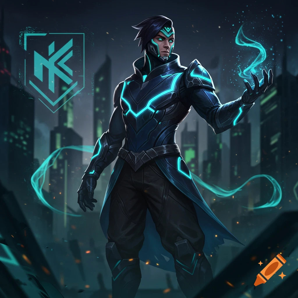 A male character in glowing blue and black futuristic armor, wielding magical energy against a dark cyberpunk city skyline.