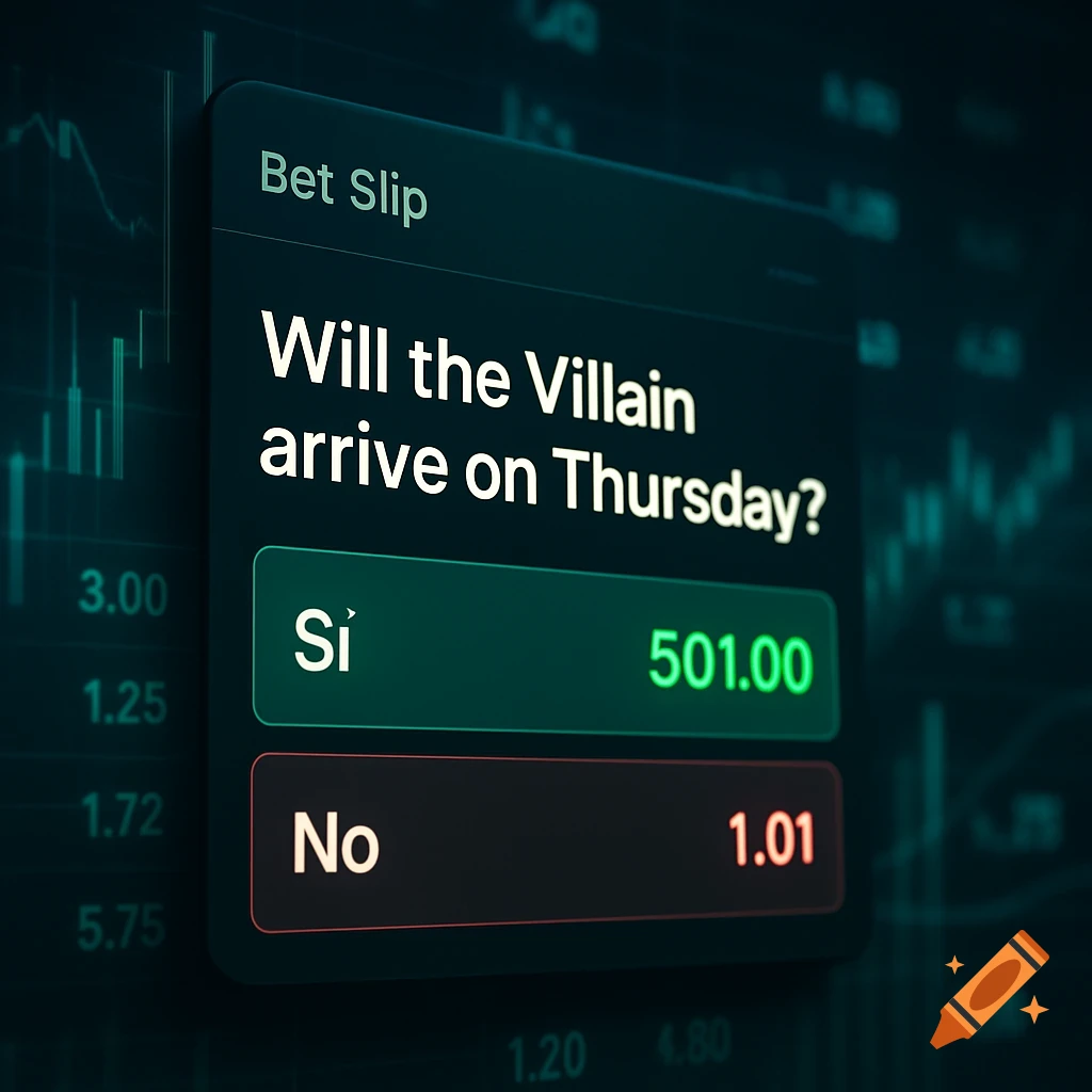A digital betting slip showing odds for 'Will the Villain arrive on Thursday?' with 'Sí' (501.00) and 'No' (1.01) options.