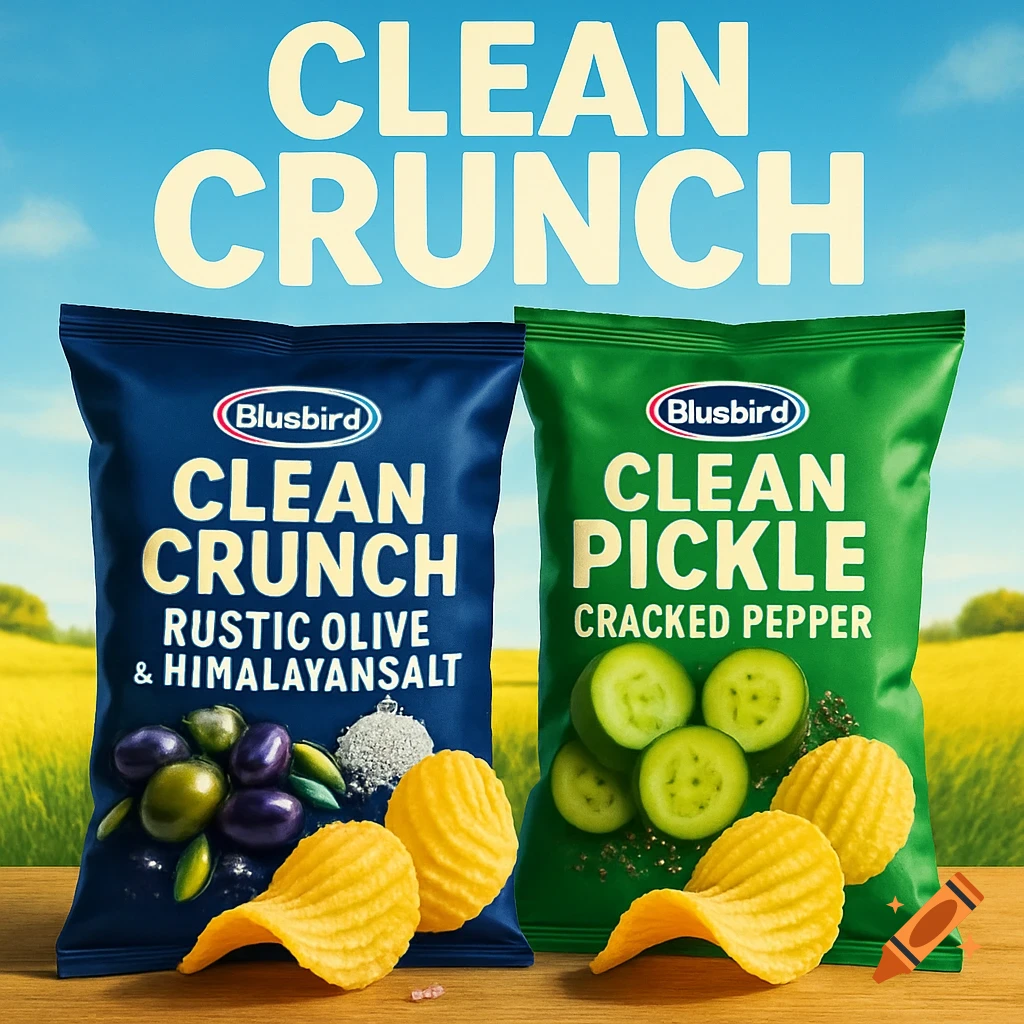Two chip bags, one blue (Rustic Olive & Himalayan Salt) and one green (Clean Pickle & Cracked Pepper), with chips and ingredients on a wooden table. Large text "CLEAN CRUNCH" above. In the background, a sunny field.