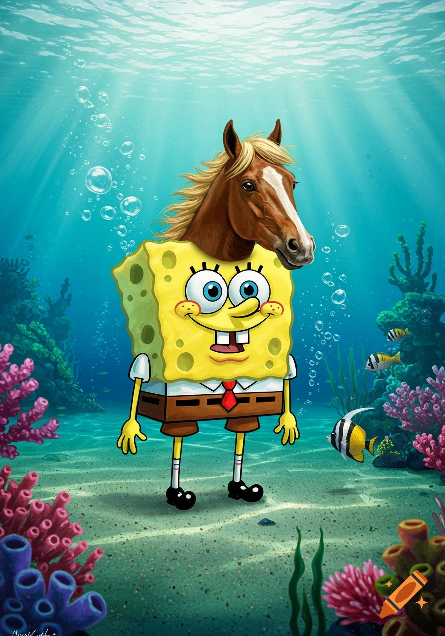 Spongebob's cartoon body with a realistic brown horse head, standing on the sandy seafloor among vibrant coral and fish in a brightly lit underwater scene.