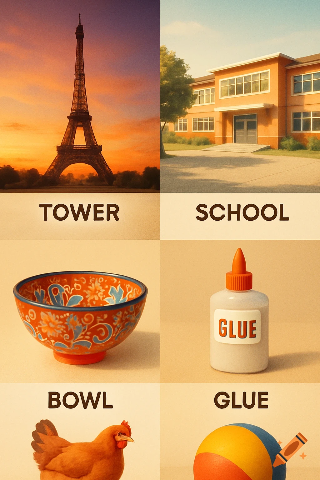 A four-panel image for learning vocabulary. Top left: Eiffel Tower at sunset with text 'TOWER'. Top right: School building with text 'SCHOOL'. Bottom left: Decorated bowl with text 'BOWL'. Bottom right: Glue bottle with text 'GLUE'.
