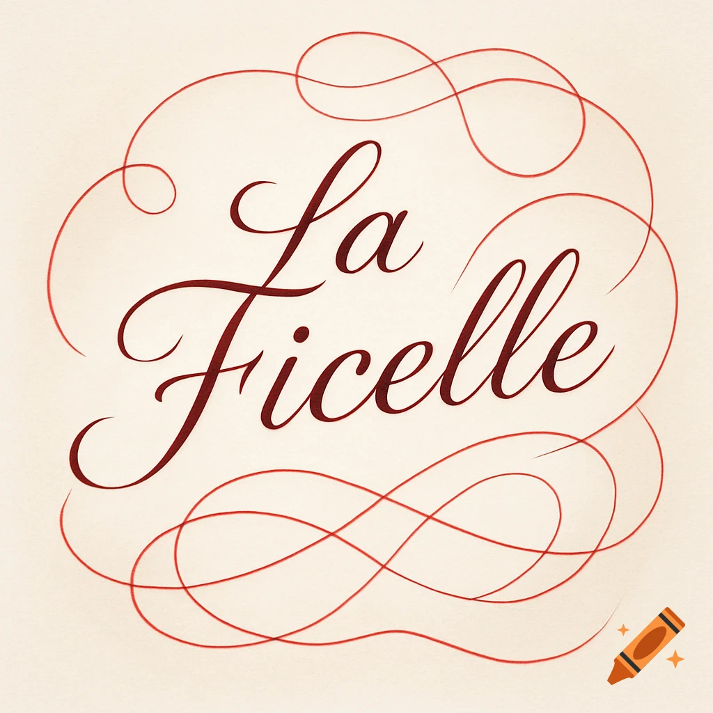 Cursive dark red text 'La Ficelle' on a light background, surrounded by decorative red swirls.
