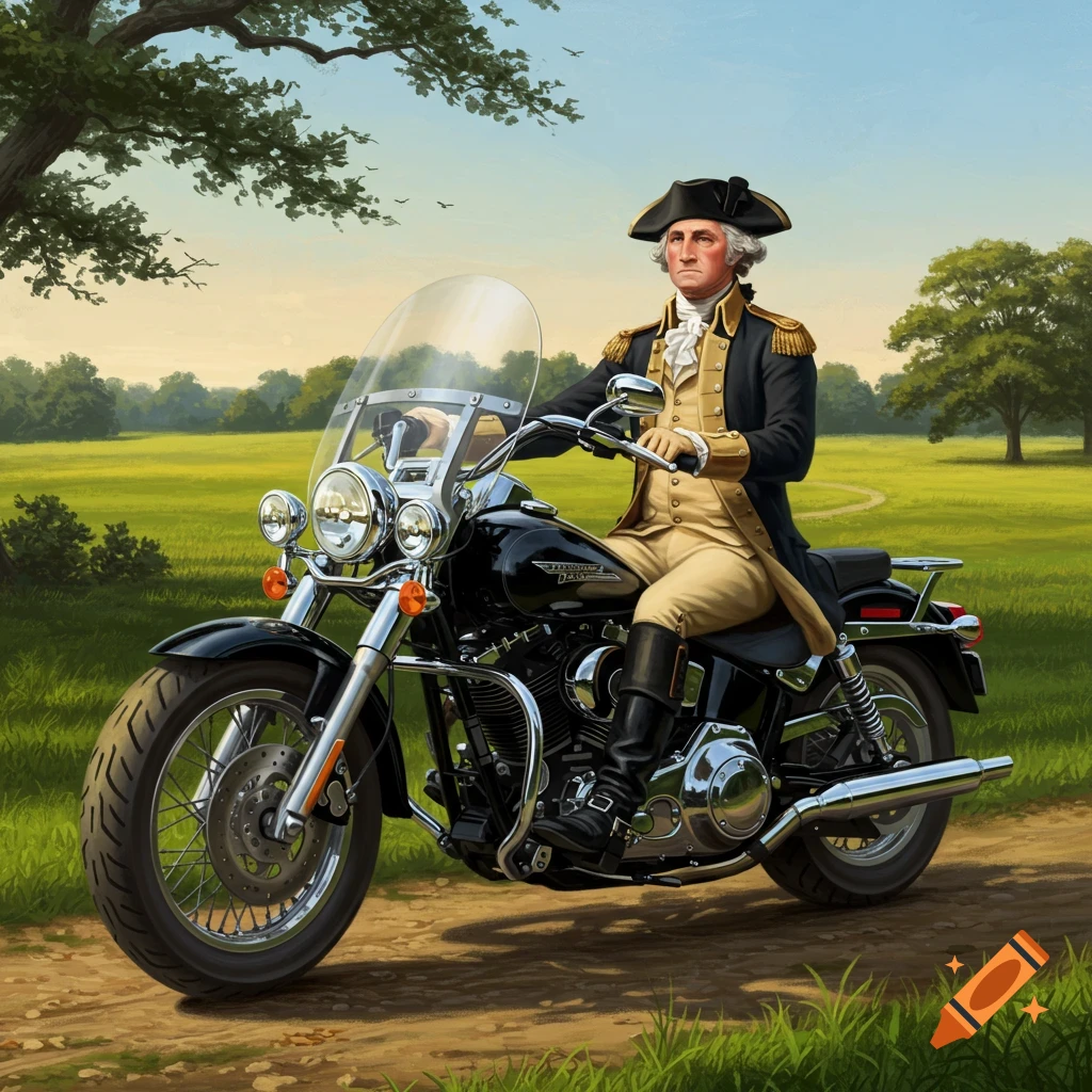George Washington, in historical attire, rides a black Harley-Davidson motorcycle through a grassy field under a sunny sky. Illustration.