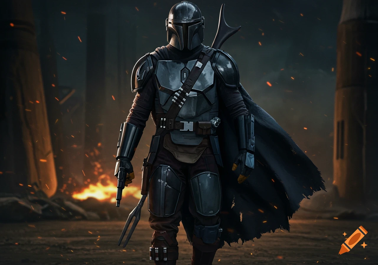 An armored warrior resembling a Mandalorian stands with weapons in a dark, fiery, battle-scarred landscape.