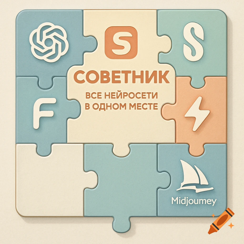 A pastel-colored puzzle board featuring a central piece with the text "СОВЕТНИК ВСЕ НЕЙРОСЕТИ В ОДНОМ МЕСТЕ" (SOVETNIK ALL NEURAL NETWORKS IN ONE PLACE), surrounded by pieces with stylized AI logos like ChatGPT, DeepSeek, Flux, and Midjourney.