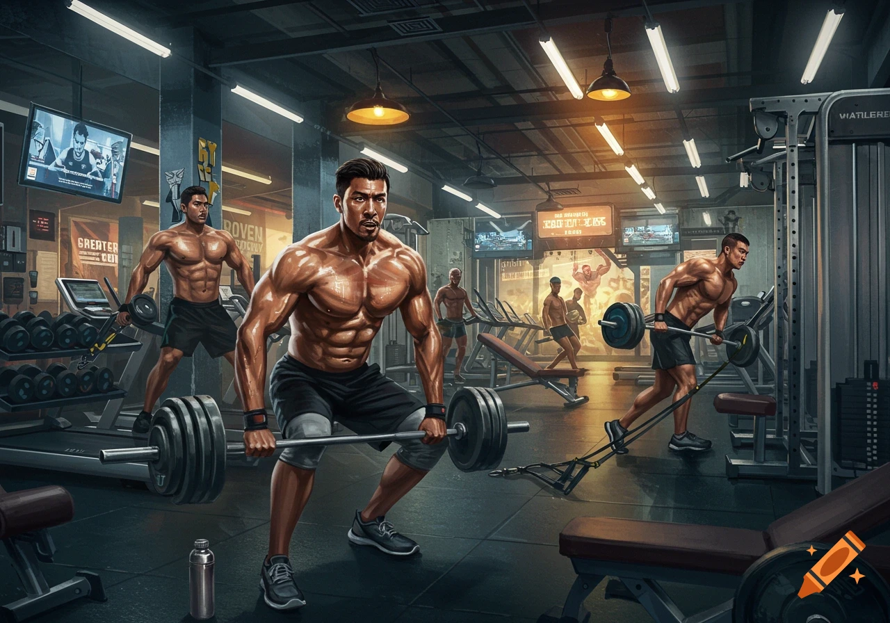 Muscular men work out with weights and machines in a busy, illuminated gym, depicted in a stylized illustration.