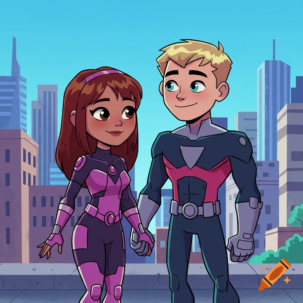 A smiling cartoon superhero couple, a brunette girl and a blonde boy, hold hands on a city rooftop in a vibrant Teen Titans-like style.