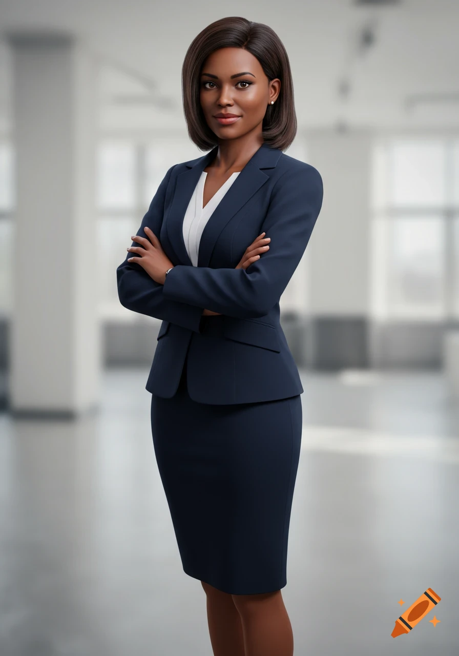 Photorealistic portrait of an African American woman in a dark blue business suit, arms crossed, smiling in an office.
