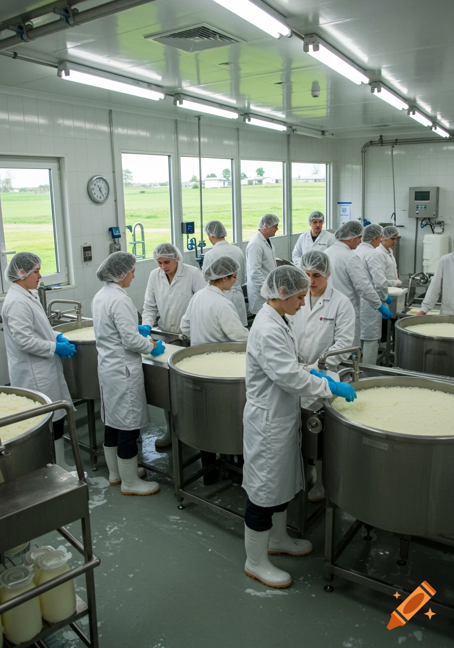 People in lab coats and hairnets work at large steel vats in a clean, brightly lit dairy processing plant.