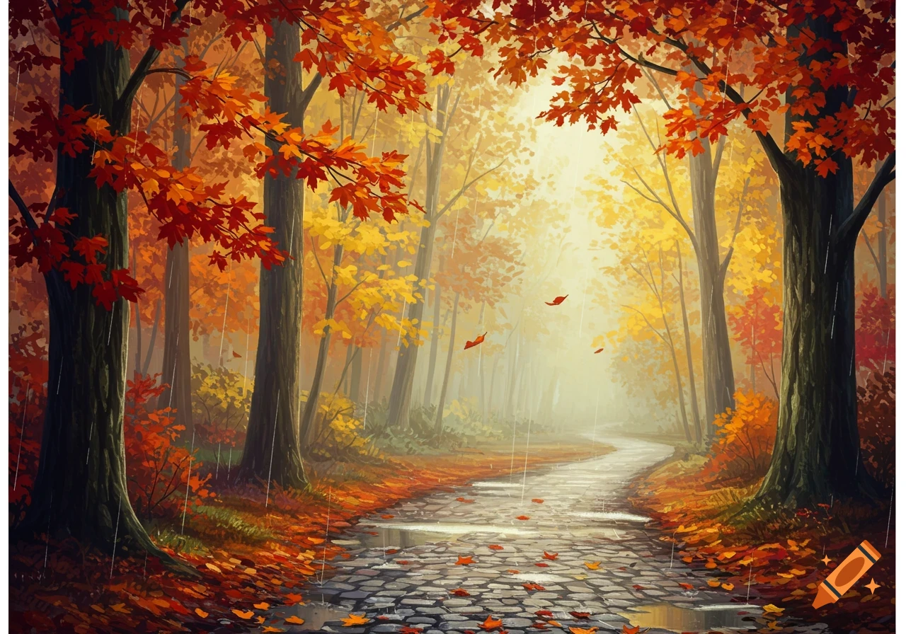 A winding cobblestone path through a vibrant autumn forest with red and yellow leaves, and rain falling.
