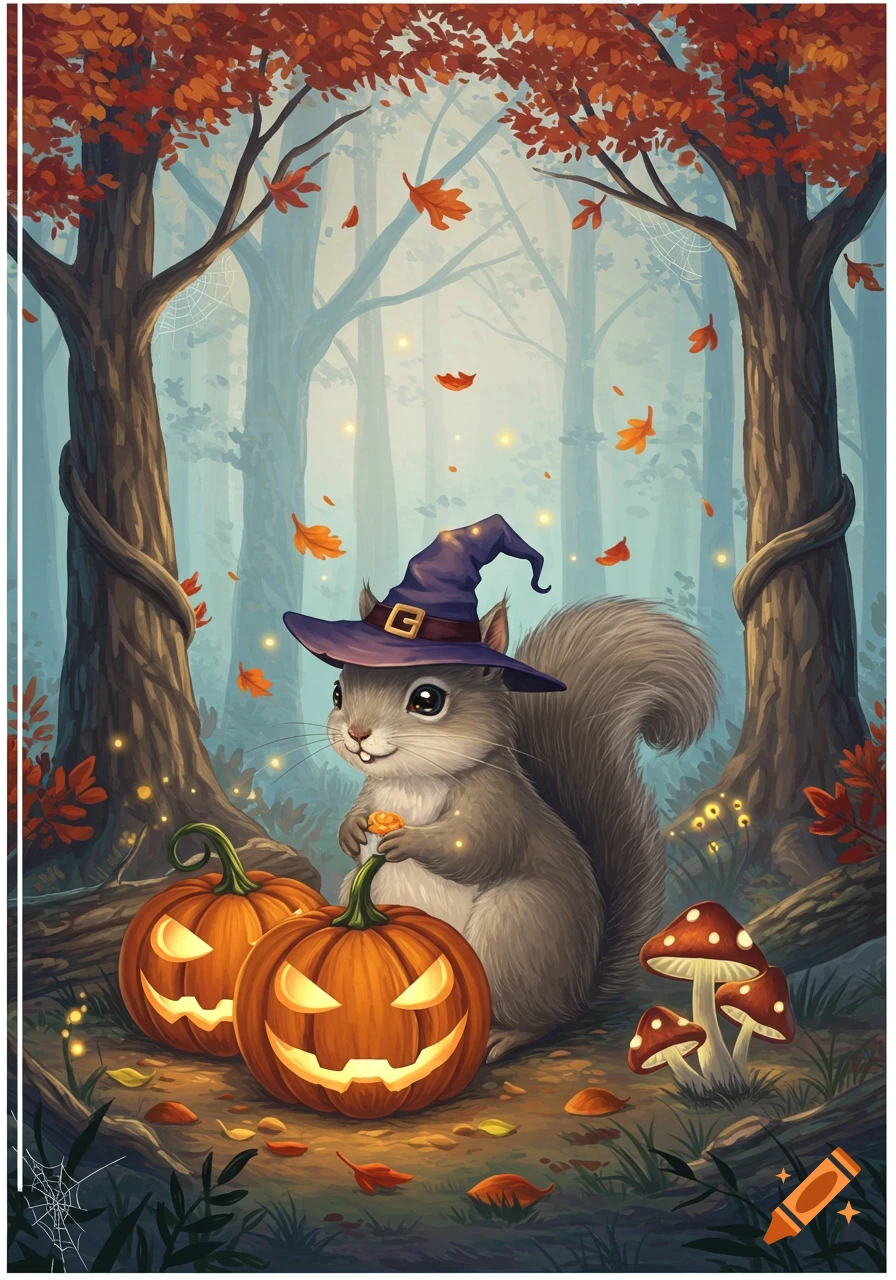 Cute squirrel wearing a witch hat in an autumn forest with glowing jack-o'-lanterns and mushrooms, digital illustration.