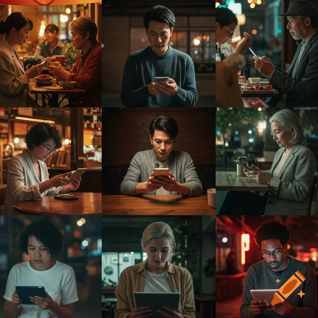 A 3x3 grid of diverse individuals focused on smartphones and tablets in various dimly lit indoor and outdoor evening settings.