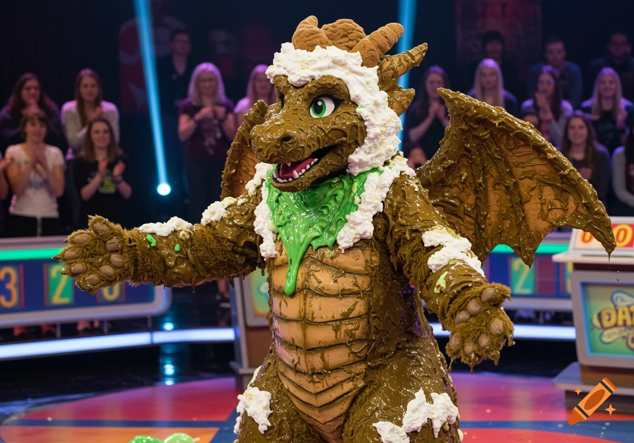A brown dragon fursuit covered in whipped cream, green slime, and mud stands on a game show stage, with an audience in the background.